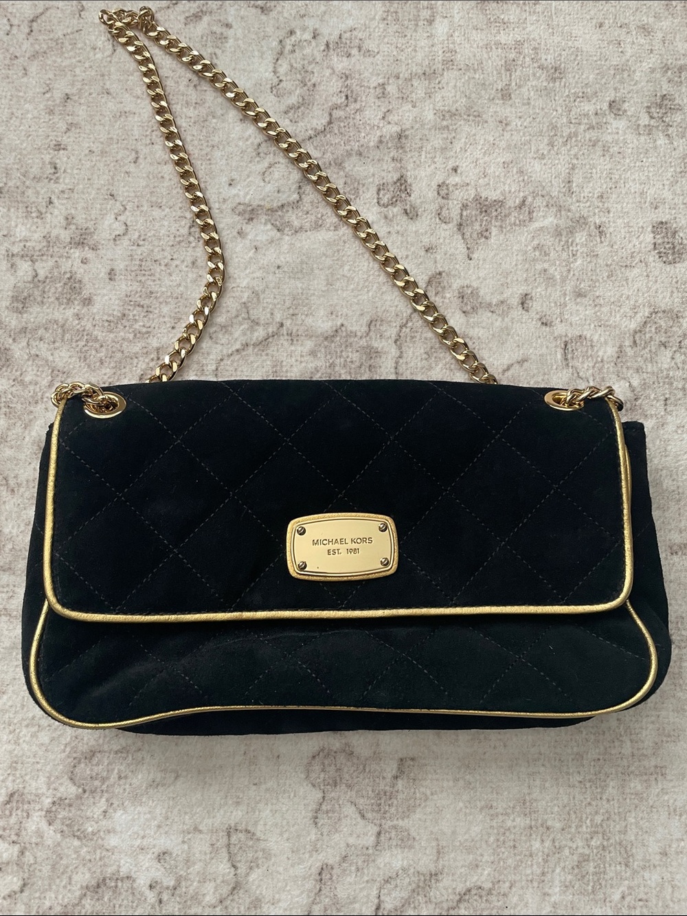 Michael Kors Black Quilted Velvet Shoulder Bag with Gold Hardware